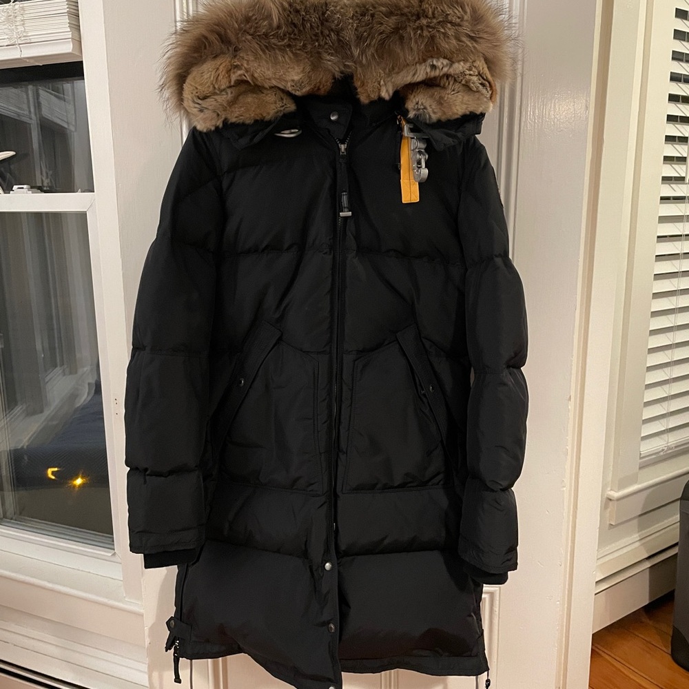 Parajumpers Black Down Coat with Brown Fur Trim